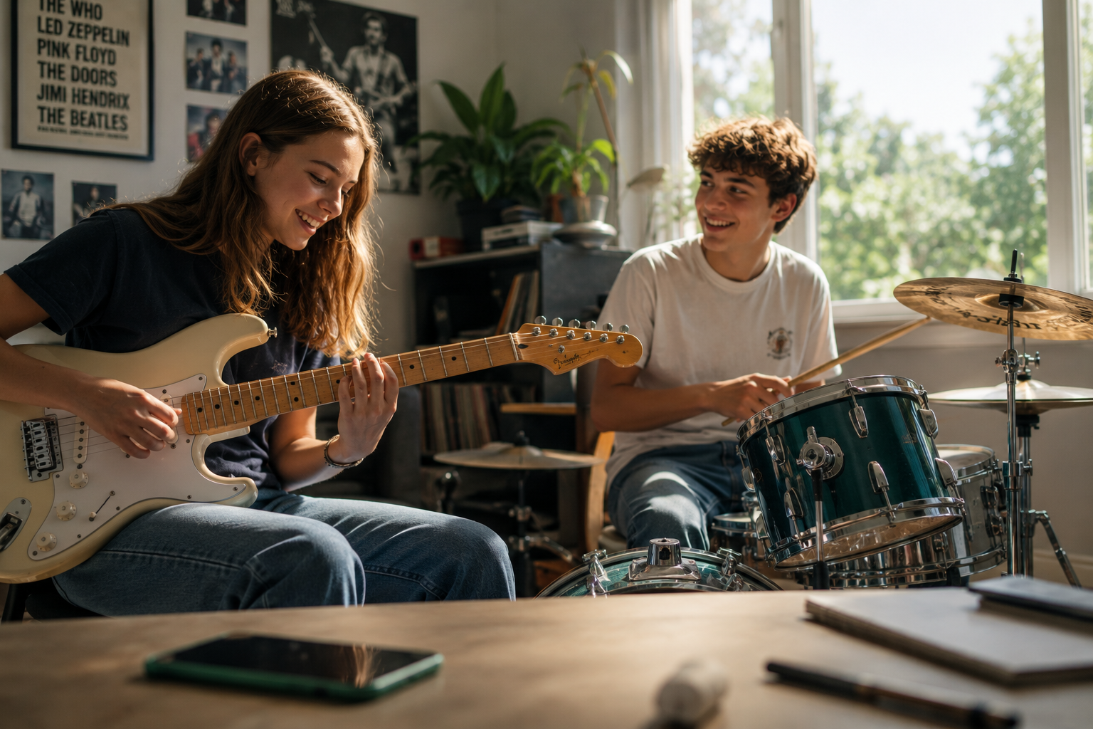 Teenagers playing music together